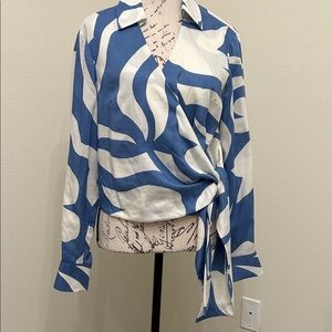 Rebecca Taylor Blue & White Wrap Tie Blouse